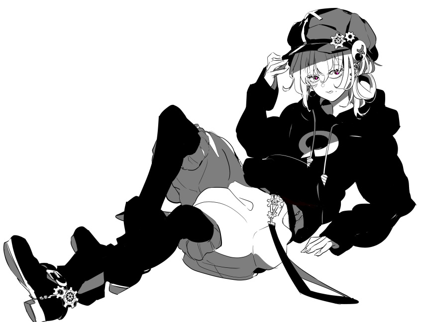 1girl, 90_sik, absurdres, bangs, boots, cabbie_hat, commentary, drill, full_body, gear_hat_ornament, greyscale, hat, highres, hood, hoodie, indie_virtual_youtuber, kaiten-tsuzuri, long_sleeves, looking_at_viewer, monochrome, open_mouth, pantyhose, red_eyes, screw_in_head, short_hair, shorts, simple_background, solo, spot_color, virtual_youtuber