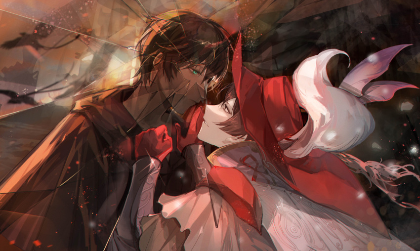 2boys, absurdres, amon_(ff14), amon_(ff14)_(cosplay), aqua_eyes, bangs, bird, black_bird, black_capelet, black_hair, broken_mask, cape, capelet, chinese_commentary, clenched_teeth, commentary_request, cosplay, crack, cracked_glass, dual_persona, dutch_angle, expressionless, eye_contact, fandaniel, final_fantasy, final_fantasy_xiv, from_side, glint, gloves, grey_eyes, hair_between_eyes, hand_on_glass, hat, hat_feather, hermes_(ff14), high_collar, highres, hood, hood_down, hooded_capelet, light_particles, looking_at_another, male_focus, mask, multiple_boys, one_eye_covered, parted_lips, penzai_fengli, profile, red_gloves, red_headwear, short_hair, teeth, upper_body, vambraces, white_cape