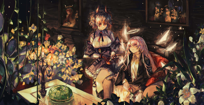 2girls, absurdres, arknights, black_footwear, black_jacket, black_skirt, boots, breasts, candlestand, collared_shirt, commission, detached_wings, energy_wings, fiammetta_(arknights), fire, flame, flower, frilled_skirt, frills, hair_between_eyes, halo, highres, id_card, jacket, large_breasts, lemuen_(arknights), long_hair, looking_at_another, multiple_girls, necktie, off_shoulder, open_clothes, open_jacket, photo_(object), realpha, red_eyes, red_necktie, shirt, short_hair, sitting, skirt, smile, suspender_skirt, suspenders, white_shirt, wings