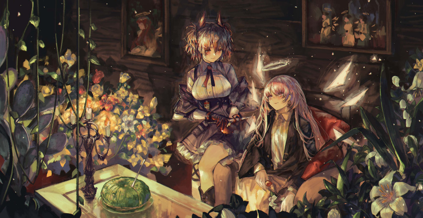 2girls, absurdres, arknights, black_footwear, black_jacket, black_skirt, boots, breasts