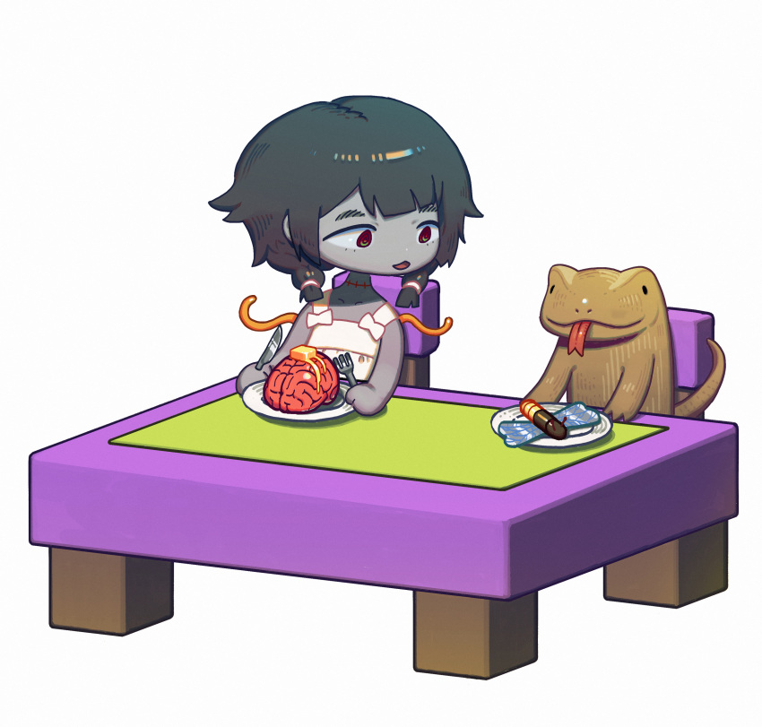 1girl, absurdres, animal, asgr, black_hair, brain, butter, chair