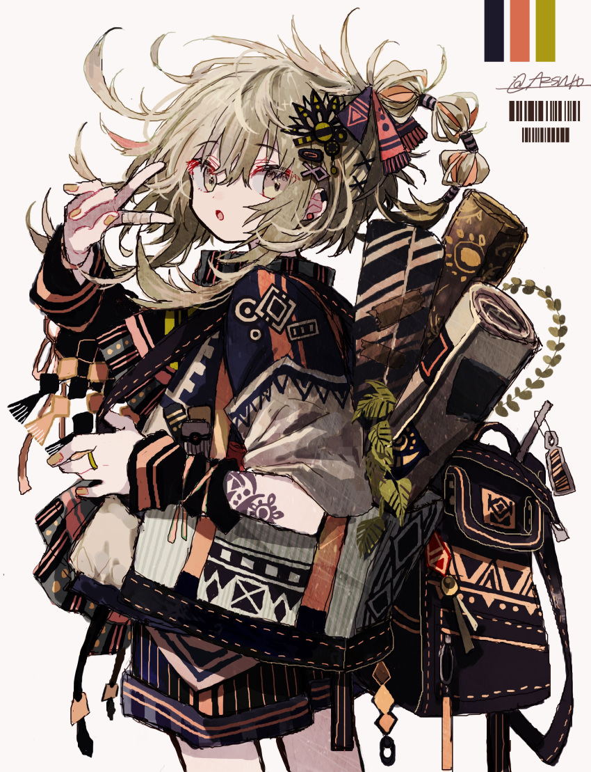 1girl, absurdres, azzz_(7334080), backpack, bag, bangs, barcode, brown_nails
