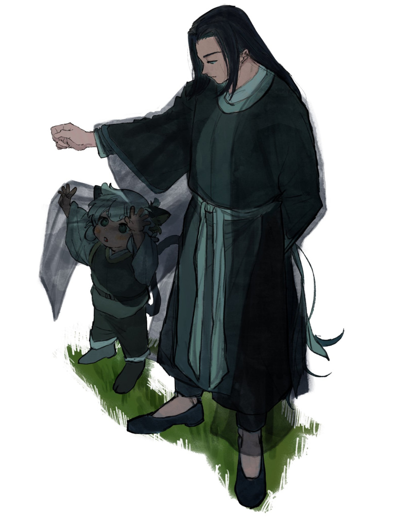 2boys, animal_ears, black_footwear, black_hair, cat_ears, cat_tail, chinese_clothes, grass, highres, long_hair, long_sleeves, luoxiaohei, male_focus, multiple_boys, profile, robe, shoes, short_hair, simple_background, tail, the_legend_of_luo_xiaohei, very_long_hair, white_background, white_hair, wuxian_(the_legend_of_luoxiaohei), yyrf3o