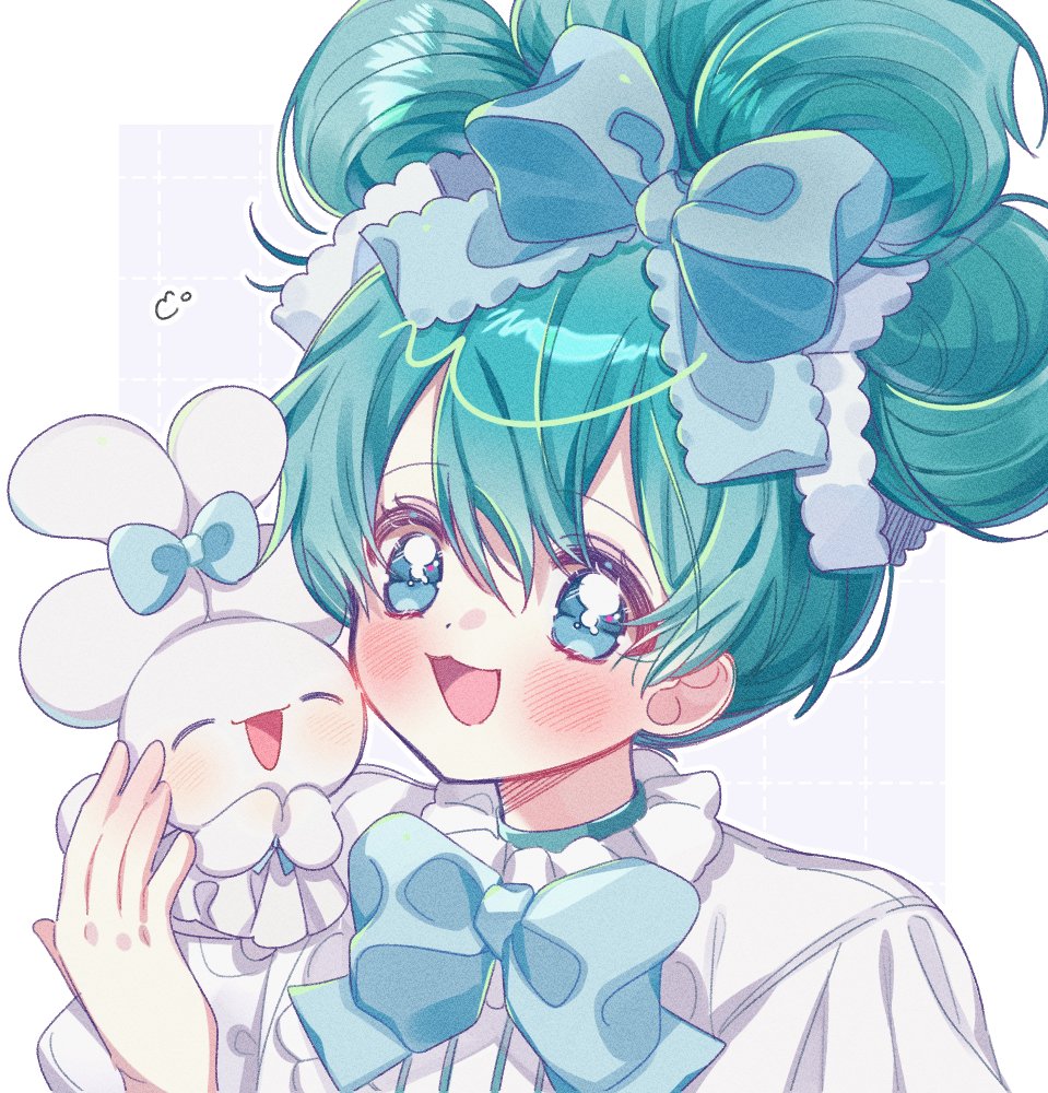 1girl, aqua_hair, bangs, blue_bow, blue_eyes, blush, borrowed_hairstyle, bow
