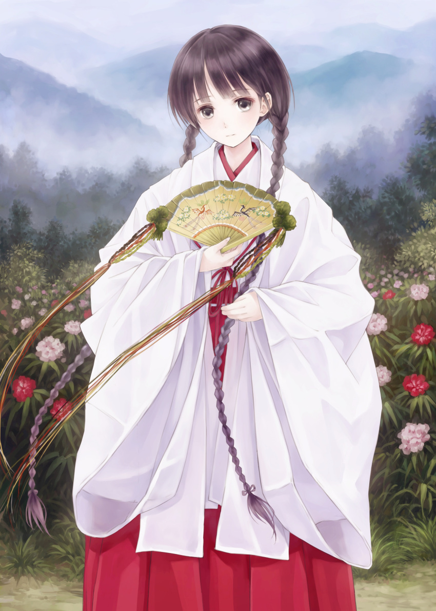 1girl, absurdres, animal_print, bird, bird_print, black_eyes, black_hair, black_ribbon, braid, brown_ribbon, cloak, clouds, expressionless, flower, fog, folding_fan, foliage, francascofeng, grass, green_ribbon, hakama, hand_fan, highres, holding, holding_fan, japanese_clothes, miko, mountain, mountainous_horizon, nature, outdoors, pale_skin, pink_flower, plant, print_folding_fan, rdg_red_data_girl, red_flower, red_ribbon, red_skirt, ribbon, skirt, solo, standing, stork, suzuhara_izumiko, tree, twin_braids, white_cloak, wide_sleeves