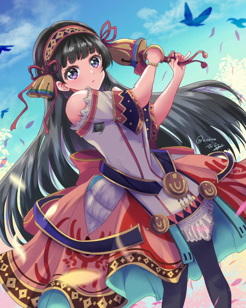 1girl, atelier_(series), atelier_shallie, bell, bird, black_hair, closed_mouth, dress, hair_ornament, hairband, highres, holding, long_hair, shallistera_(atelier), short_sleeves, sky, snowstar, solo, standing, very_long_hair, violet_eyes