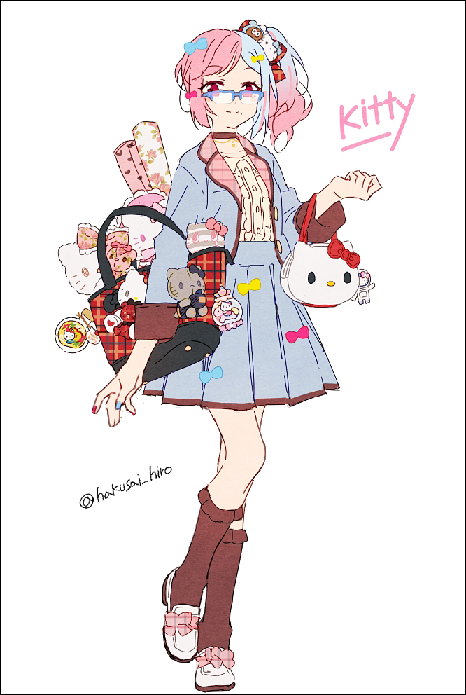 1girl, animal_bag, bag, bag_charm, black_bag, blazer, blouse, blue-framed_eyewear, blue_bow, blue_hair, blue_jacket, blue_nails, blue_skirt, bow, bow_skirt, brown_choker, brown_eyes, brown_socks, carrying_bag, cat, cat_bag, center_frills, character_request, charm_(object), choker, collar, collared_shirt, commentary, duplicate, english_text, floral_print, footwear_bow, frilled_socks, frills, full_body, glasses, hair_bow, hakusai_(tiahszld), handbag, hello_kitty, hello_kitty_(character), holding, holding_bag, jacket, light_blue_hair, long_sleeves, multicolored_clothes, multicolored_hair, multicolored_jacket, multicolored_nails, nail_polish, open_clothes, open_jacket, original, over-rim_eyewear, paper, paper_roll, pink_bow, pink_collar, pink_hair, pink_nails, pixel-perfect_duplicate, plaid, plaid_bag, plaid_bow, pleated_skirt, red_bag, red_bow, red_eyes, sanrio, semi-rimless_eyewear, shirt, shopping_bag, side_ponytail, simple_background, skirt, sleeve_cuffs, smile, socks, standing, stuffed_animal, stuffed_bunny, stuffed_cat, stuffed_toy, symbol-only_commentary, twitter_username, two-tone_hair, two-tone_jacket, white_background, white_bag, white_footwear, white_shirt, wrapping_paper, yellow_bow