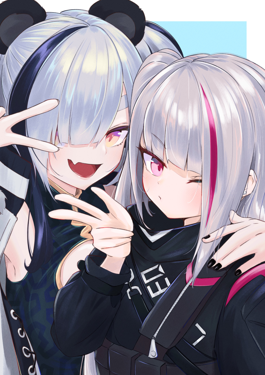 2girls, absurdres, animal_ears, arknights, bangs, black_hair, black_jacket, black_nails
