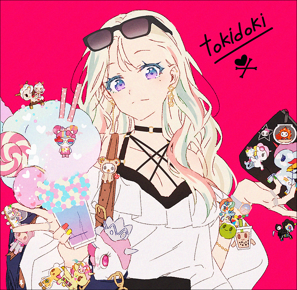 1girl, black_choker, black_cloak, black_eyes, blue_bag, blue_eyes, blue_nails, bone