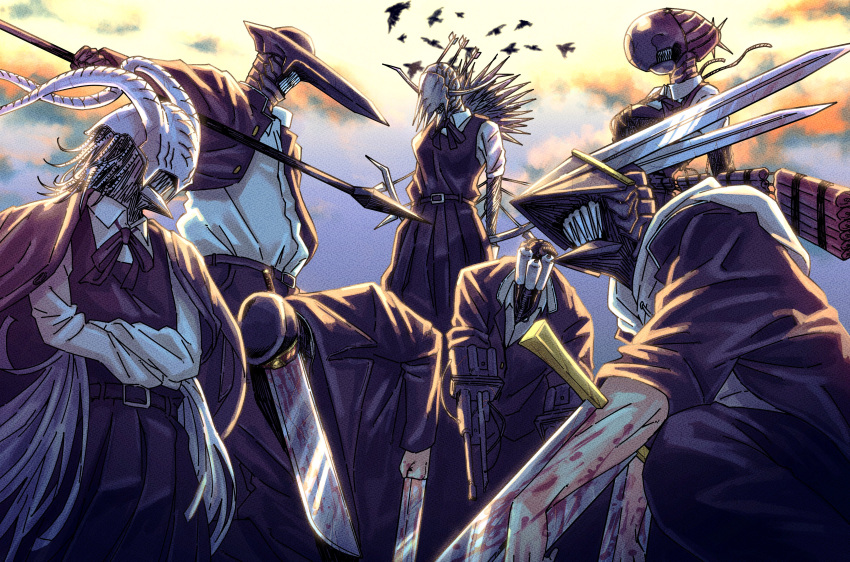 3girls, 4boys, absurdres, bird, black_coat, black_dress, black_jacket, black_necktie