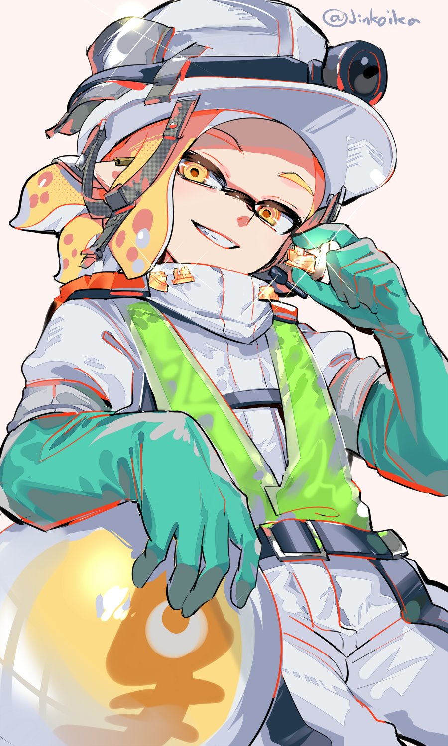 1boy, badge, gloves, golden_egg, green_gloves, grin, helmet, high-visibility_vest