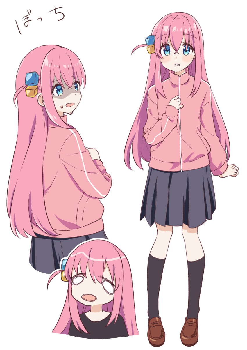 1girl, absurdres, bangs, black_shirt, black_socks, blue_eyes, blush, bocchi_the_rock!