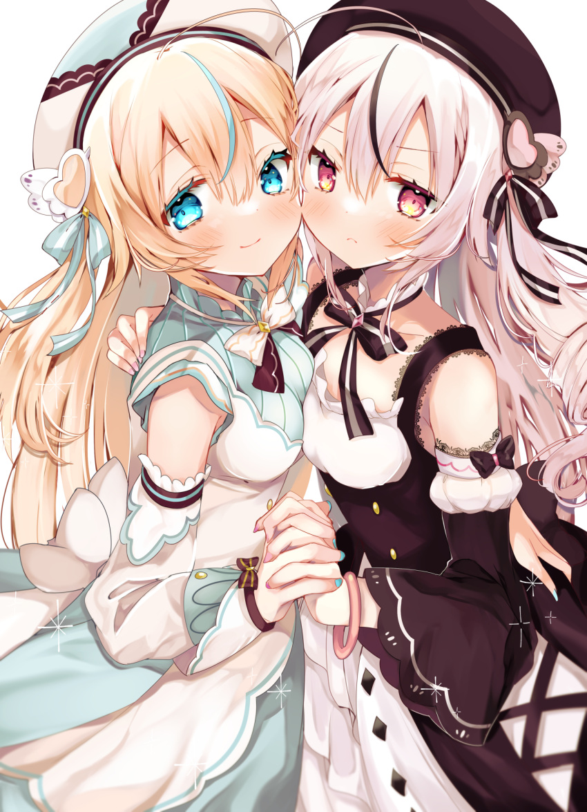 2girls, ahoge, blonde_hair, blue_eyes, chidori_hina_(vtuber), commission, hair_between_eyes, harvest_moon_(vtuber)