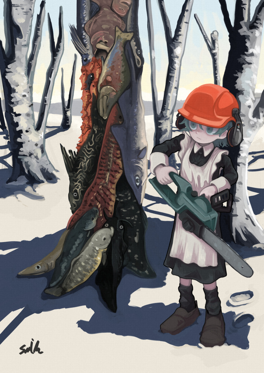 1girl, absurdres, apron, black_dress, chainsaw, closed_mouth, day, dress