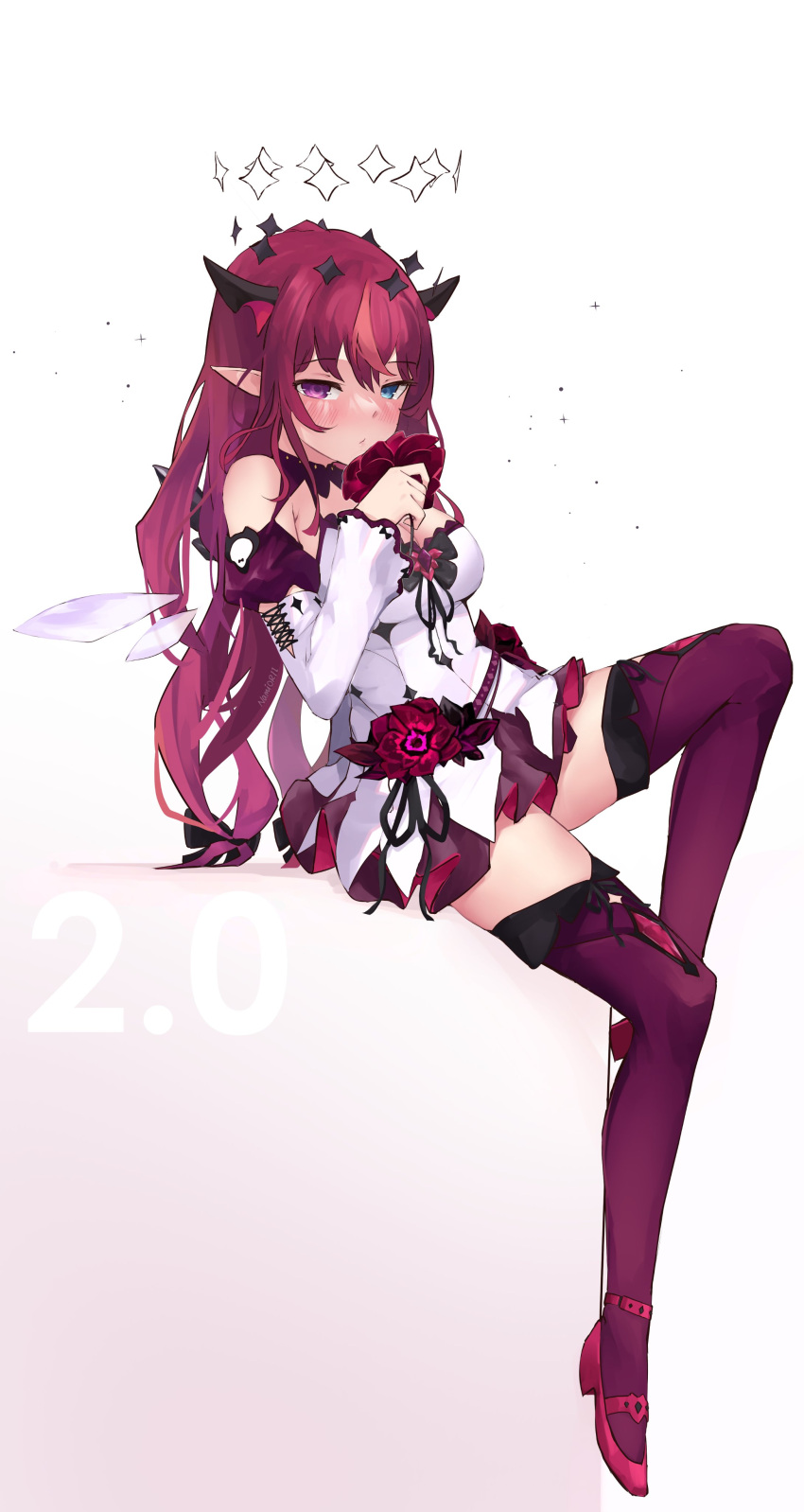 1girl, absurdres, blue_eyes, closed_mouth, detached_wings, dress, flower, heterochromia