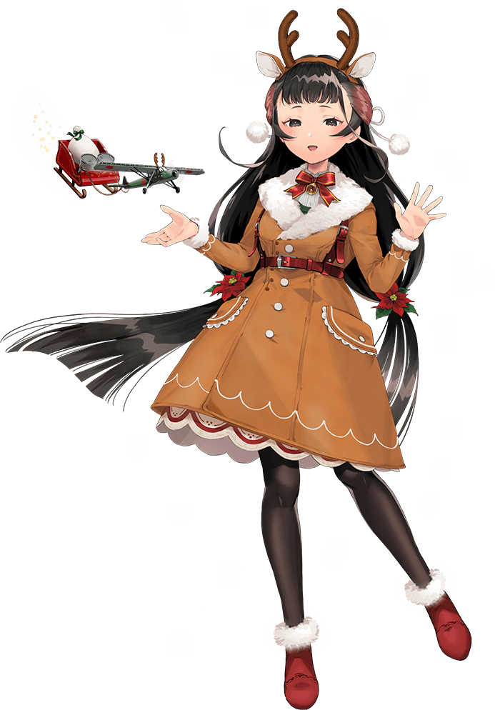1girl, animal_costume, antlers, black_eyes, black_hair, breasts, coat, fake_antlers