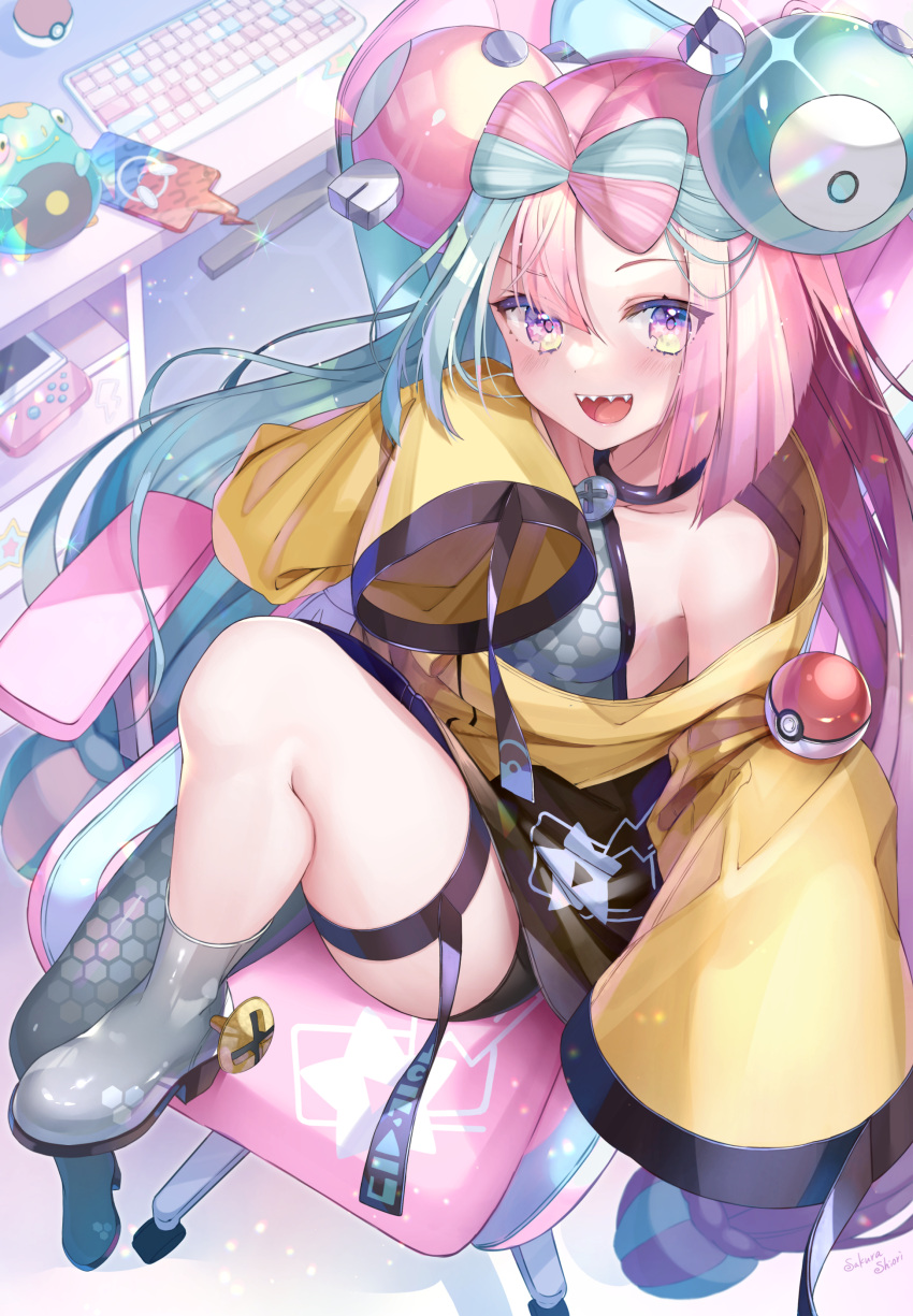 1girl, absurdres, aqua_hair, armpits, bare_shoulders, chair, commentary_request, hair_ornament