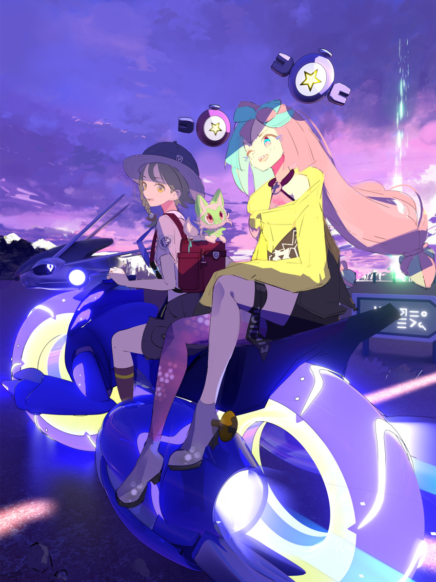 2girls, absurdres, backpack, bag, bangs, black_sclera, blue_hair, bow-shaped_hair
