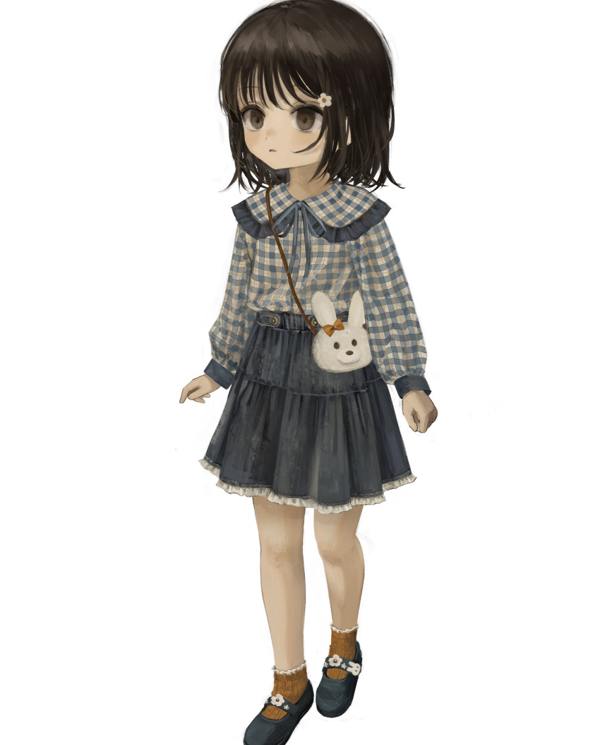 1girl, absurdres, animal_bag, bag, bangs, blue_ribbon, bob_cut, brown_eyes
