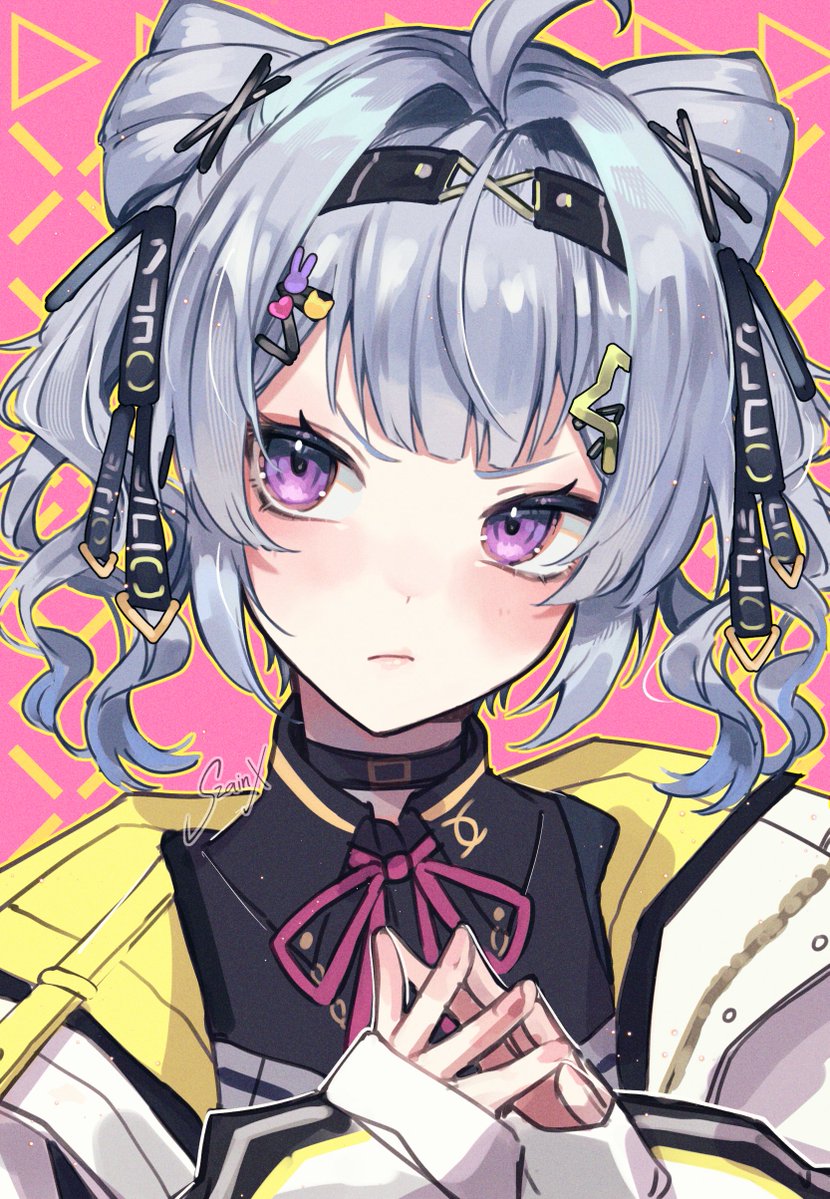 1girl, black_shirt, choker, grey_hair, hair_ornament, jacket, nijisanji, nijisanji_en