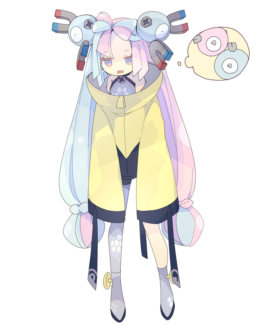 1girl, @_@, blue_hair, bow-shaped_hair, character_hair_ornament, commentary, grey_footwear, grey_pantyhose