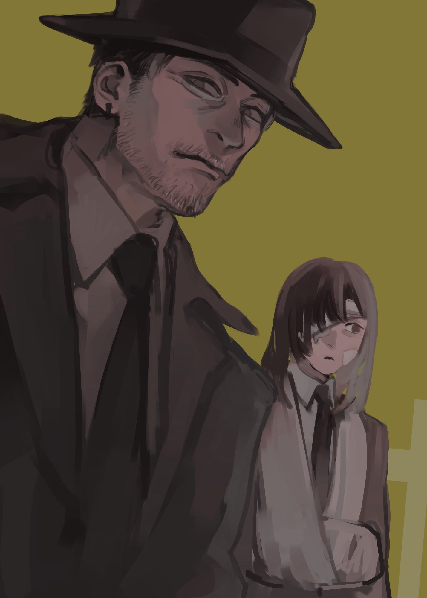 1boy, 1girl, arm_sling, bandage_over_one_eye, bandaged_arm, bandages, black_coat, black_hair