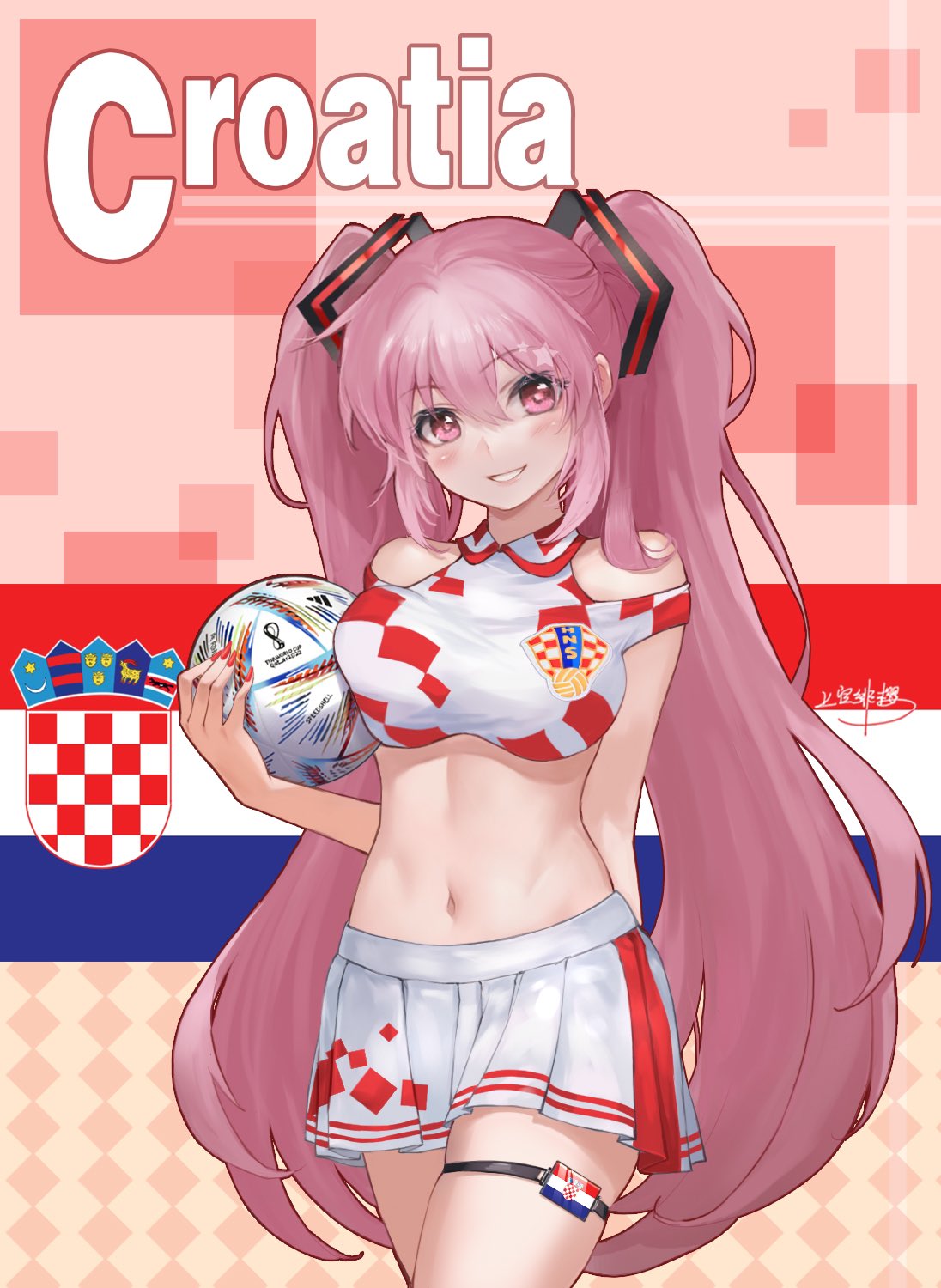 1girl, 2022_fifa_world_cup, alternate_costume, alternate_hair_color, ball, breast_press, breasts, clothing_cutout