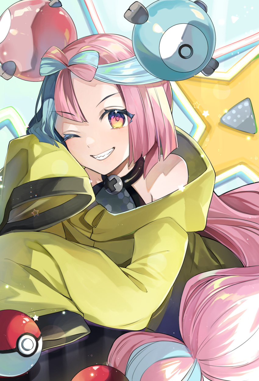 bow-shaped_hair, character_hair_ornament, hair_ornament, hexagon_print, highres, iono_(pokemon), jacket, long_hair
