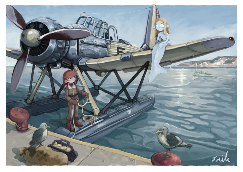 2girls, absurdres, aircraft, airplane, bangs, bird, blonde_hair, boat