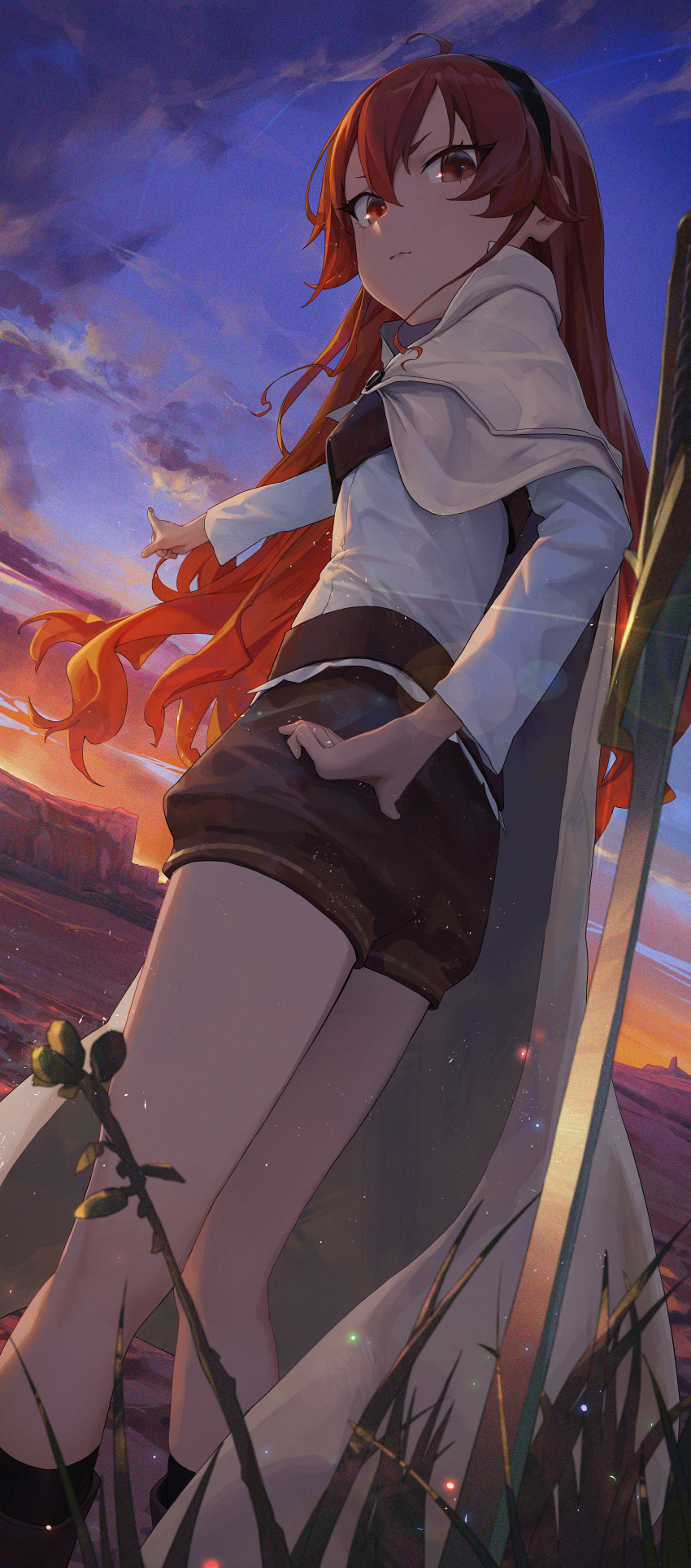 1girl, absurdres, back, bingwei_huang, black_socks, blue_sky, cape, clouds
