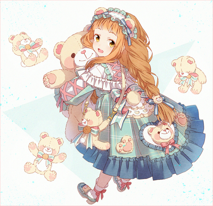 1girl, animal_bag, animal_ears, bangs, bear_ears, bear_head, bear_tail, blue_dress, blue_footwear, blunt_bangs, braid, brown_eyes, brown_hair, carrying_bag, dress, fake_animal_ears, frilled_dress, frills, full_body, hair_ribbon, hakusai_(tiahszld), headdress, heart, holding, holding_stuffed_toy, hug, light_blue_background, light_blue_ribbon, lolita_fashion, long_hair, long_sleeves, looking_at_viewer, open_mouth, original, paw_print, pink_nose, pink_ribbon, plaid, plaid_dress, ribbon, smile, socks, striped, striped_ribbon, stuffed_animal, stuffed_toy, tail, teddy_bear, teddy_bear_hair_ornament, turning_head, two-tone_ribbon, white_background, white_bag, white_dress, white_ribbon, white_socks, yellow_eyes