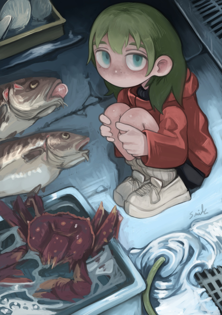 1girl, absurdres, bangs, blonde_hair, blue_eyes, child, crab, drain_(object)