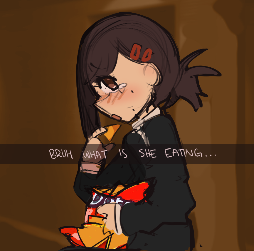 1girl, black_hair, black_jacket, blush, bootleg, brown_background, brown_eyes, chainsaw_man