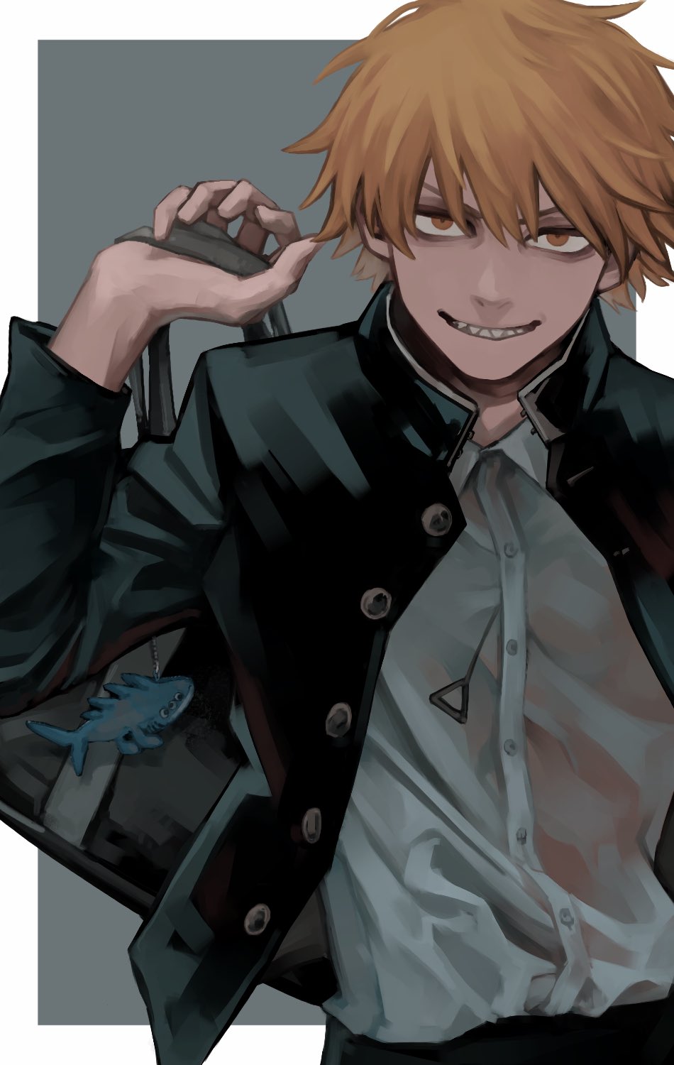 1boy, bag, bags_under_eyes, beam_(chainsaw_man), black_jacket, black_pants, blonde_hair, border