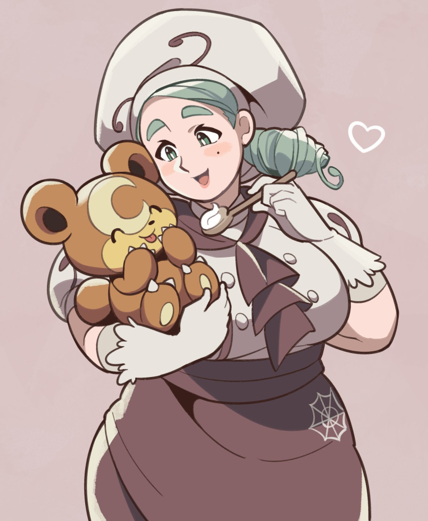 1girl, apron, beret, breasts, brown_apron, brown_jabot, buttons, chef_uniform, claws, closed_eyes, food, gloves, green_eyes, green_hair, hat, highres, holding, holding_pokemon, holding_spoon, katy_(pokemon), loveycloud, mole, mole_on_cheek, pokemon, pokemon_(creature), pokemon_(game), pokemon_sv, puffy_sleeves, short_sleeves, simple_background, skirt, spider_web_print, spoon, teddiursa, thick_eyebrows, tongue, white_gloves, white_headwear