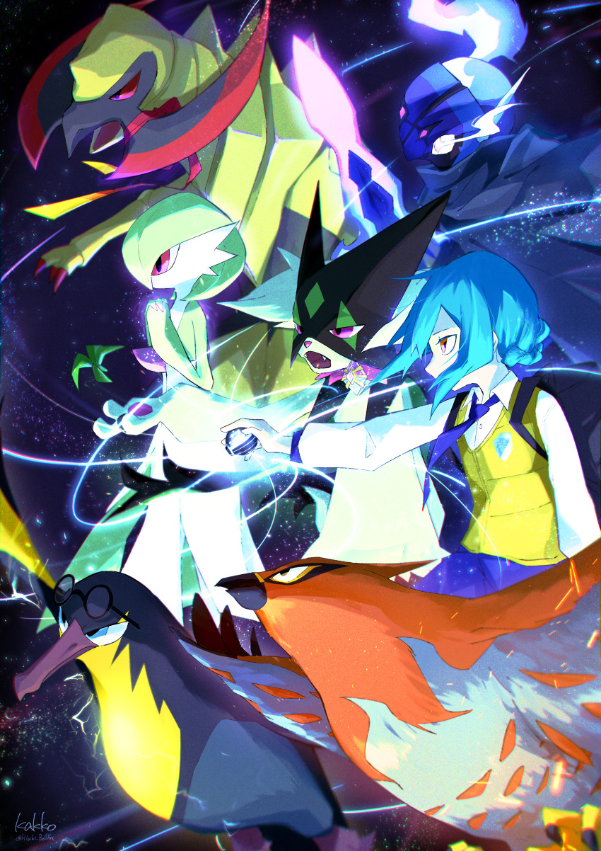 1girl, 3others, absurdres, animal_hands, animal_nose, arm_at_side, arm_blade, backpack, bag, bangs, bird, black-framed_eyewear, black_cloak, black_eyes, blade, blue_eyes, blue_gemstone, blue_hair, blue_necktie, blue_shorts, bob_cut, body_fur, braid, brooch, ceruledge, chromatic_aberration, claws, clear_amulet, cloak, closed_mouth, collared_shirt, colored_sclera, colored_skin, commentary_request, covered_mouth, covert_cloak, electricity, embers, energy, eye_trail, eyewear_on_head, fangs, fiery_hair, flat_chest, focus_sash, from_side, furry, gardevoir, gem, glasses, glowing, green_fur, green_hair, green_skin, hands_up, haxorus, high_ponytail, highres, holding, jewelry, kakko_(hibiki_bellfox), kilowattrel, light_particles, light_trail, long_sleeves, looking_up, meowstic, multicolored_skin, multiple_others, necktie, open_mouth, original, outstretched_arm, own_hands_together, pawpads, pink_eyes, pokemon, pokemon_(creature), pokemon_(game), pokemon_sv, profile, purple_gemstone, red_ribbon, red_sclera, ribbon, round_eyewear, school_uniform, shirt, short_hair, shorts, sidelocks, talonflame, tera_orb, two-tone_skin, vest, weapon, white_shirt, white_skin, wise_glasses, yellow_vest