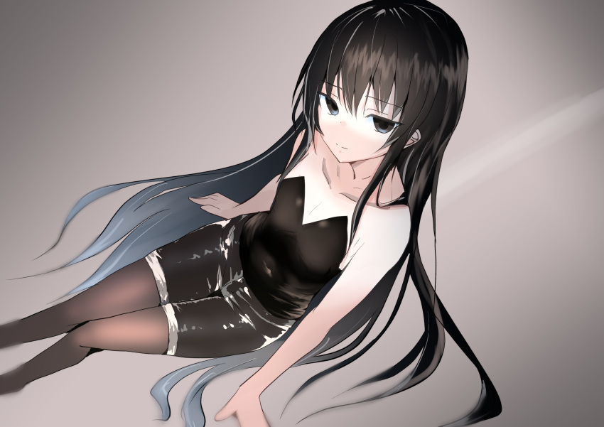 1girl, absurdres, black_hair, black_shorts, highres, long_hair, looking_at_viewer, on_floor, original, shorts, simple_background, sitting, solo, une_back, very_long_hair
