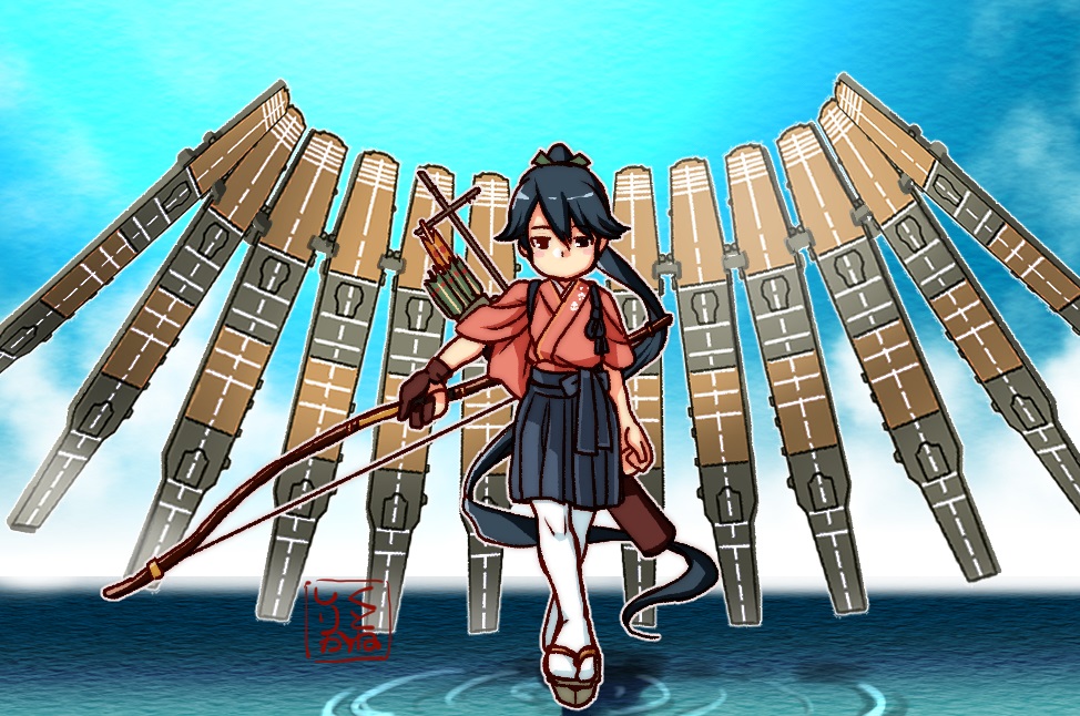 1girl, black_hair, black_hakama, blue_sky, bow_(weapon), brown_gloves, clouds, crossed_legs