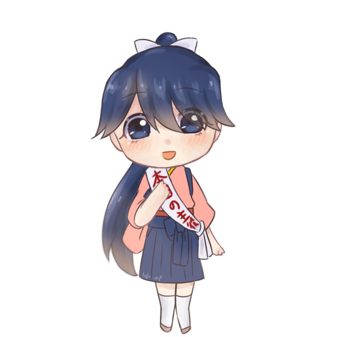 1girl, blue_eyes, blue_hair, blue_hakama, chibi, full_body, hakama, hakama_short_skirt