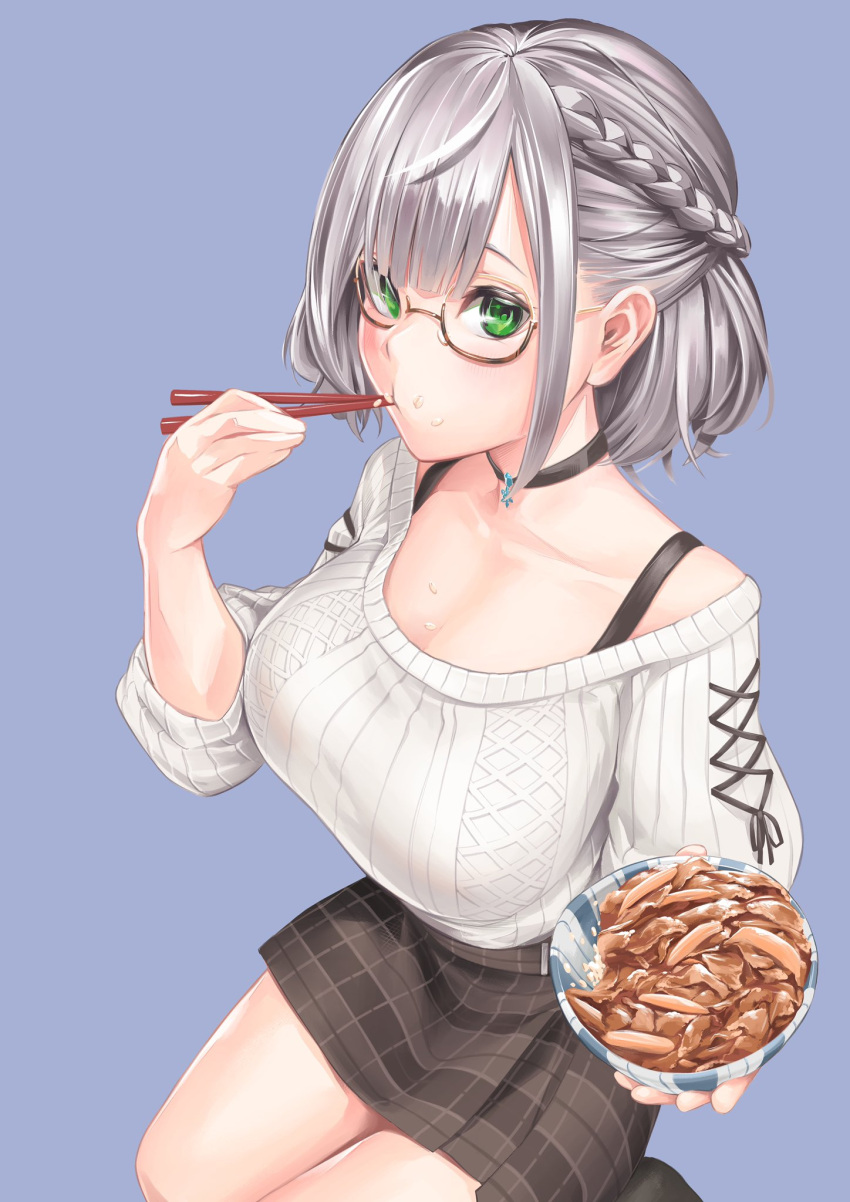 1girl, black_choker, bowl, braid, choker, chopsticks, eating, food, food_on_face, french_braid, glasses, green_eyes, grey_hair, highres, holding, holding_bowl, holding_chopsticks, hololive, izumida_fuyuki, jewelry, looking_at_viewer, miniskirt, off-shoulder_sweater, off_shoulder, official_alternate_costume, official_alternate_hairstyle, pendant, plaid, plaid_skirt, ribbed_sweater, rice, rice_on_face, shirogane_noel, short_hair, simple_background, skirt, solo, sweater, virtual_youtuber, white_sweater