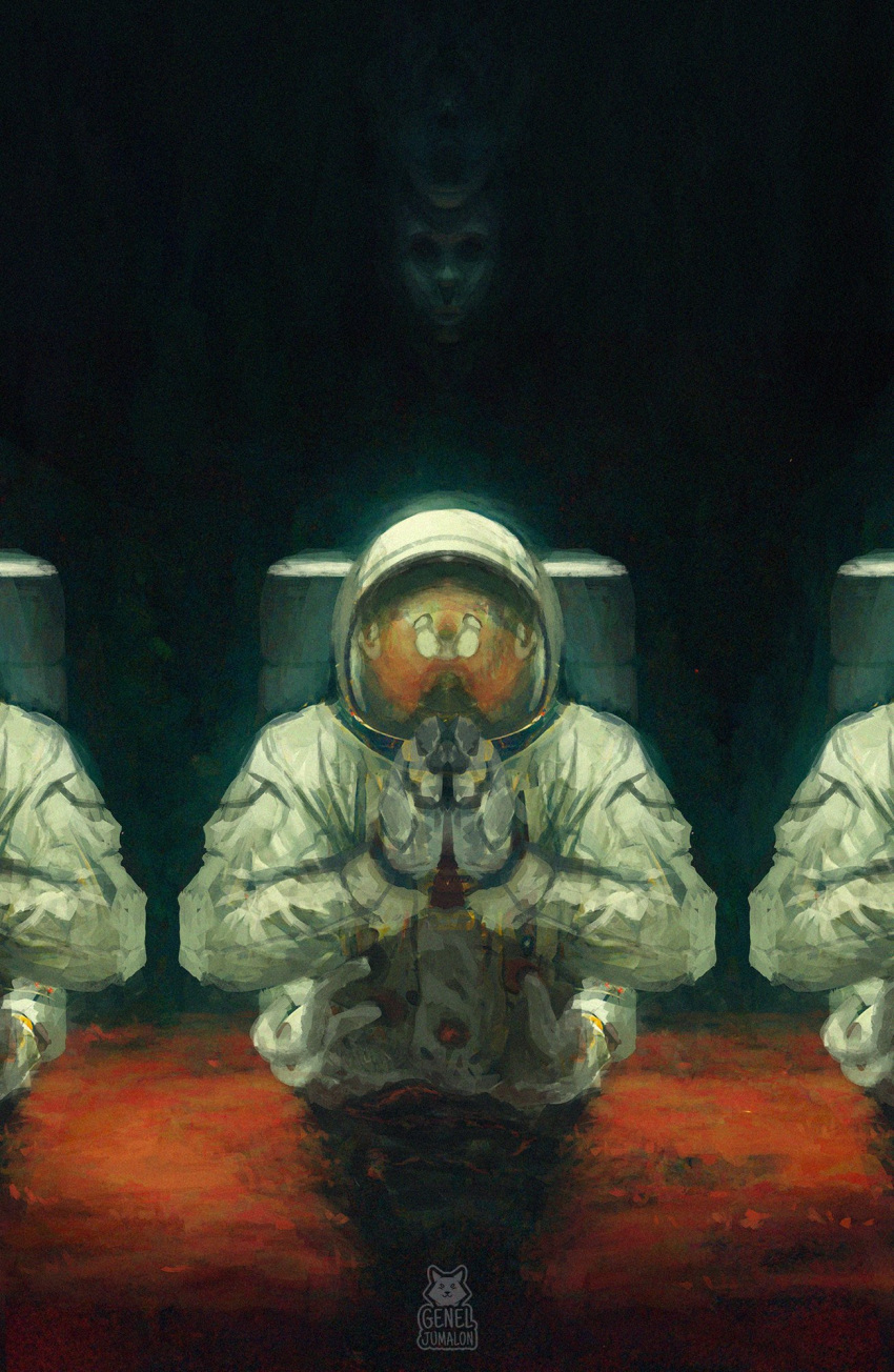 artist_name, astronaut, black_background, chainsaw_man, dark, dark_background, darkness_devil, facing_viewer