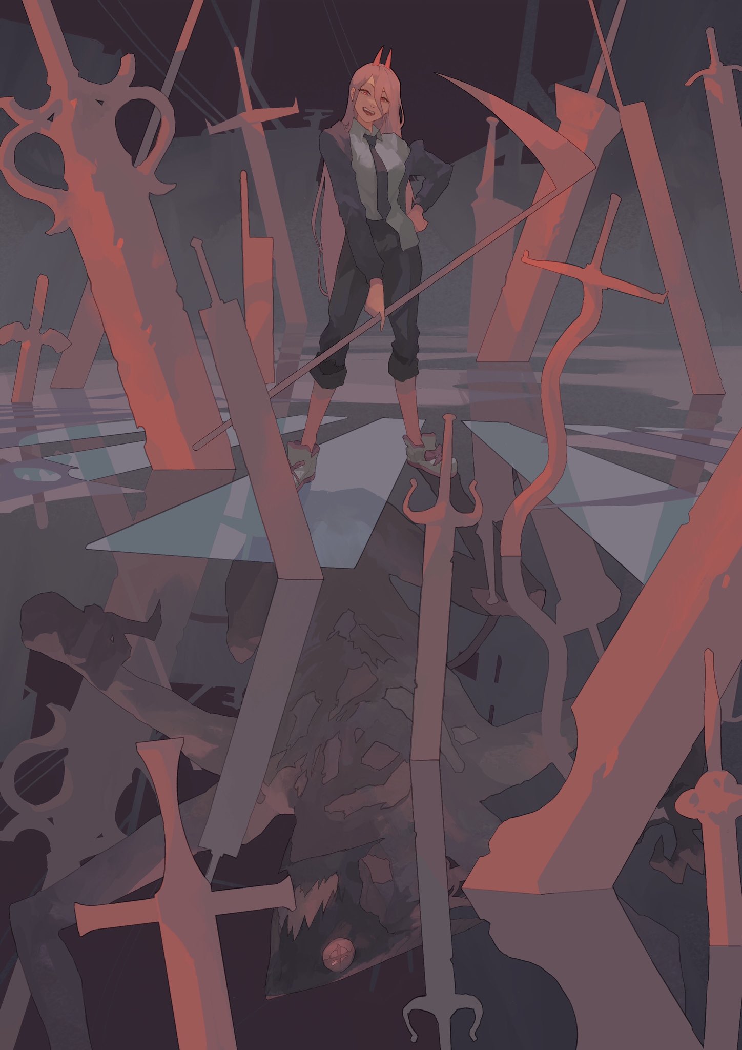 1girl, 1other, black_necktie, blood_devil_(chainsaw_man), chainsaw_man, collared_shirt, cross-shaped_pupils, different_reflection