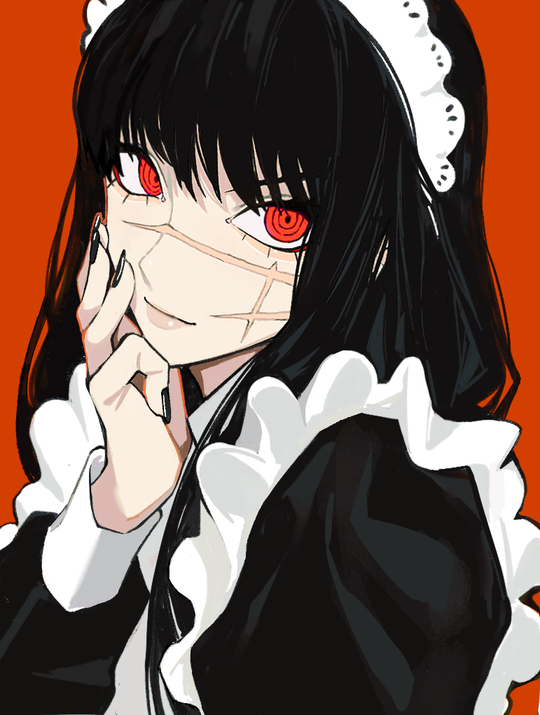 1girl, black_hair, black_nails, chainsaw_man, cross_scar, frilled_sleeves, frills, hand_on_own_cheek