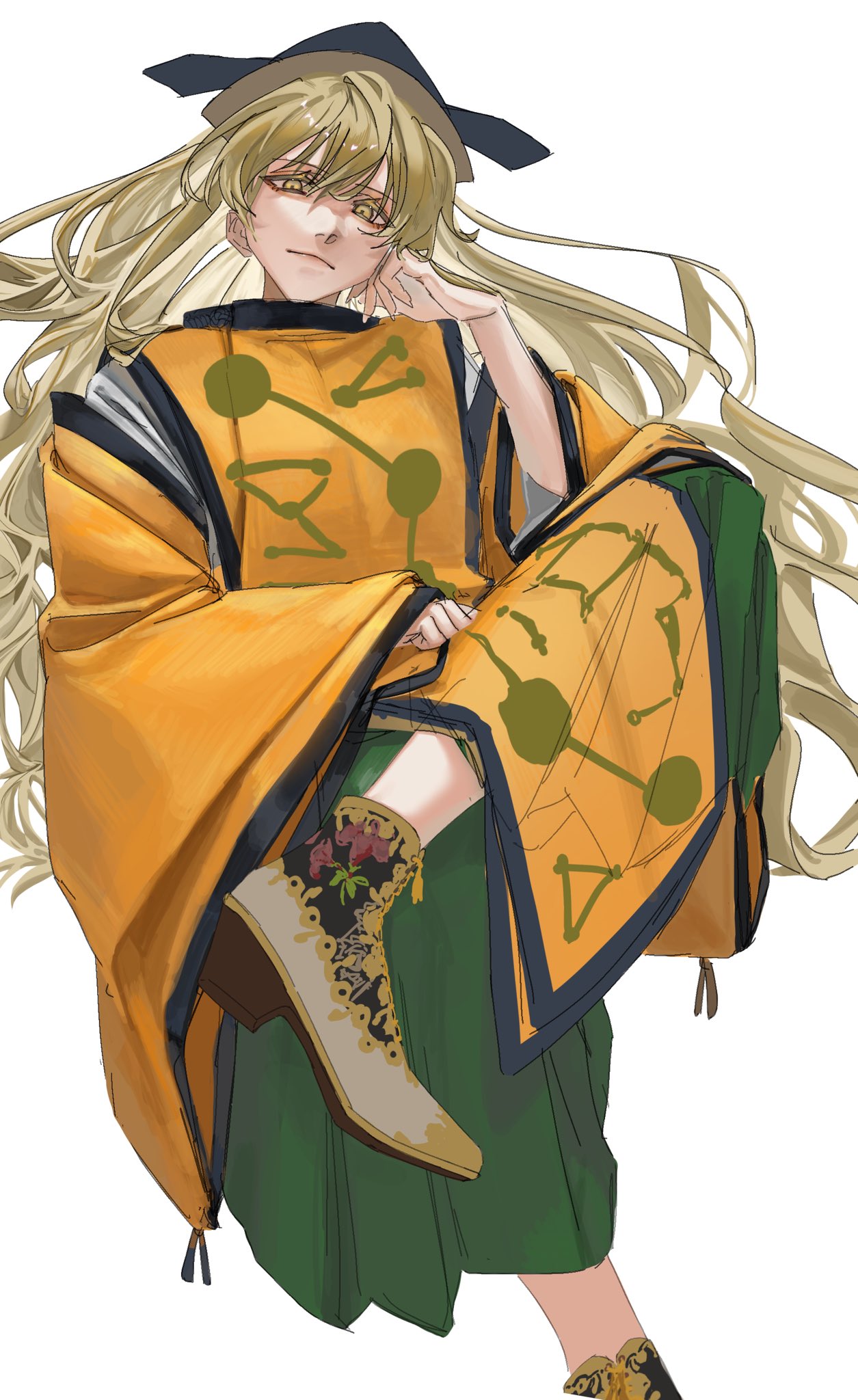 1girl, annindofu_umaaa, bangs, black_headwear, blonde_hair, boots, brown_headwear, closed_mouth