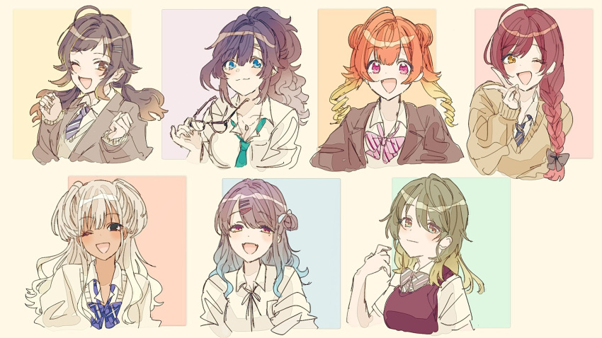 6+girls, ahoge, aqua_hair, bangs, black_bow, black_eyes, black_hair, black_jacket
