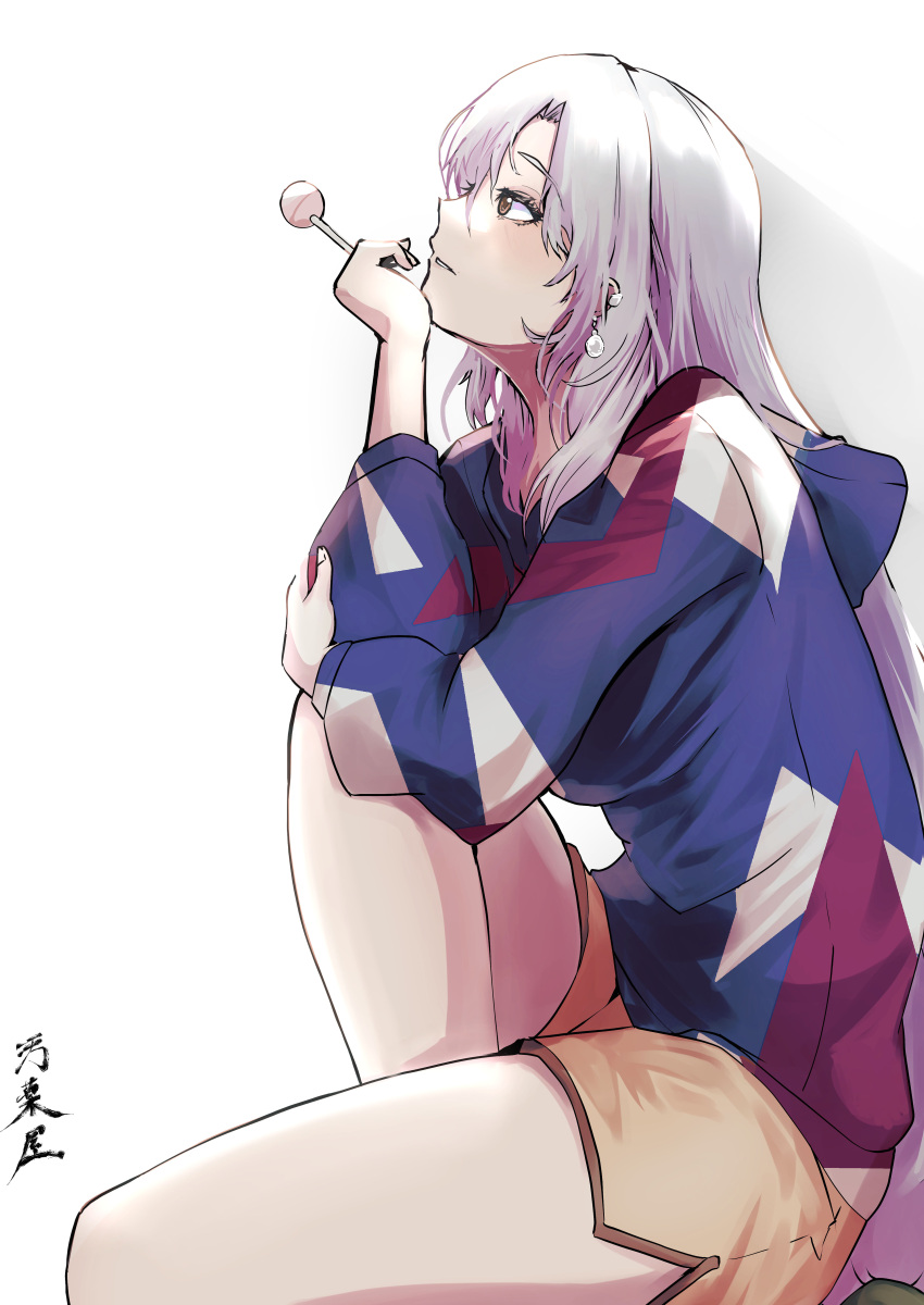 1girl, absurdres, alternate_costume, blue_hoodie, brown_eyes, closed_mouth, dolphin_shorts, earrings, from_side, highres, hood, hoodie, jewelry, looking_up, shorts, sitting, solo, thighs, touhou, white_background, white_hair, yagokoro_eirin, yagoro_kusuriya, yellow_shorts