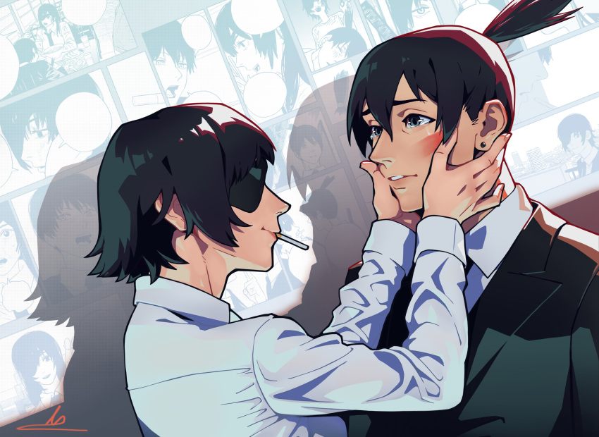 1boy, 1girl, absurdres, black_hair, black_jacket, black_necktie, blood, blood_on_face