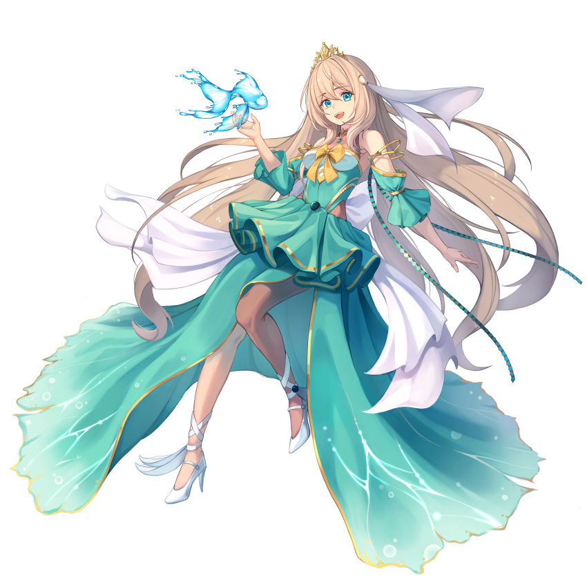 1girl, :d, absurdres, aqua_dress, aqua_sleeves, bangs, bld_zi, blonde_hair