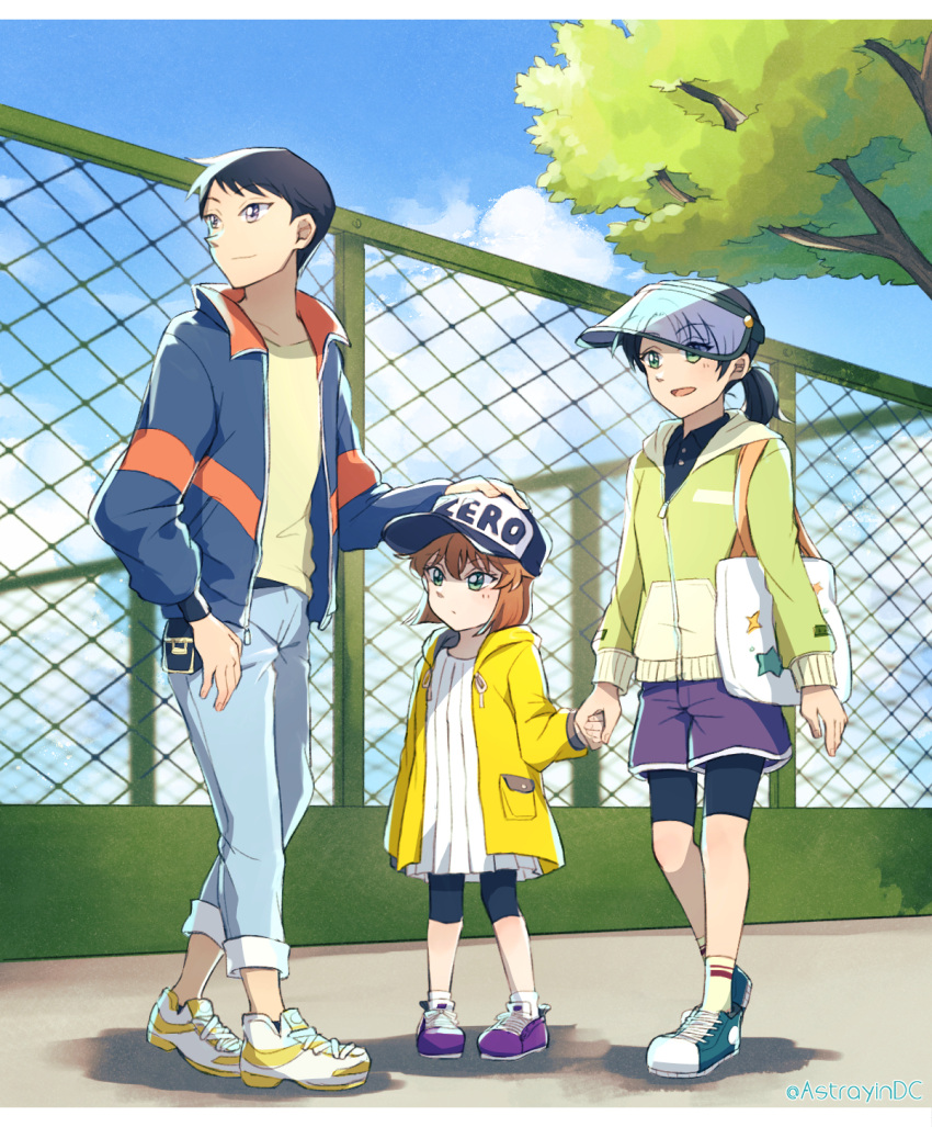 1boy, 2girls, :d, astrayin, baseball_cap, bike_shorts, black_hair, black_shorts