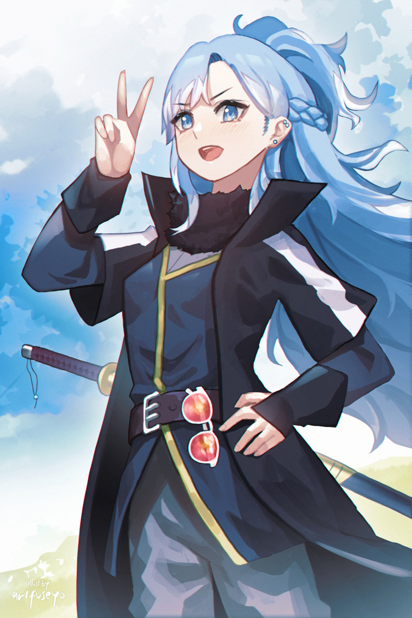 1girl, :d, absurdres, alternate_hairstyle, arifuseyo, belt, belt_buckle, black_coat